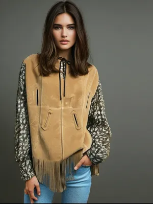 Suede Leather Cape with Fringe Detail Coat for Women