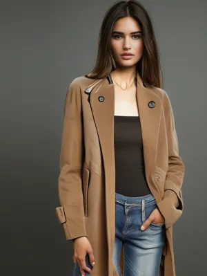 Suede Leather Trench with Throat Tabs for Women
