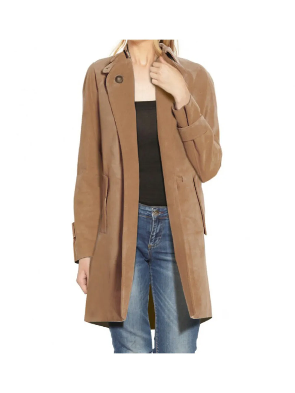 Suede Leather Trench with Throat Tabs for Women