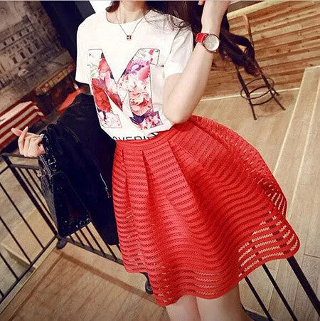 summer autumn style fashion skirt womens striped hollow-out fluffy skirt swing skirt ladies Black/White Ball Gown
