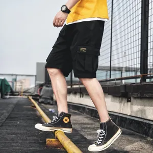 Summer Casual Cargo Shorts Men Cotton Solid Ribbons Pockets Streetwear Mens Shorts Knee Length Homme Cargo Shorts