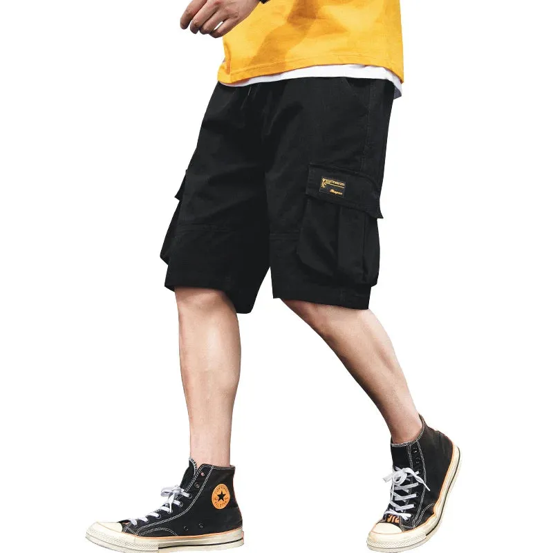 Summer Casual Cargo Shorts Men Cotton Solid Ribbons Pockets Streetwear Mens Shorts Knee Length Homme Cargo Shorts