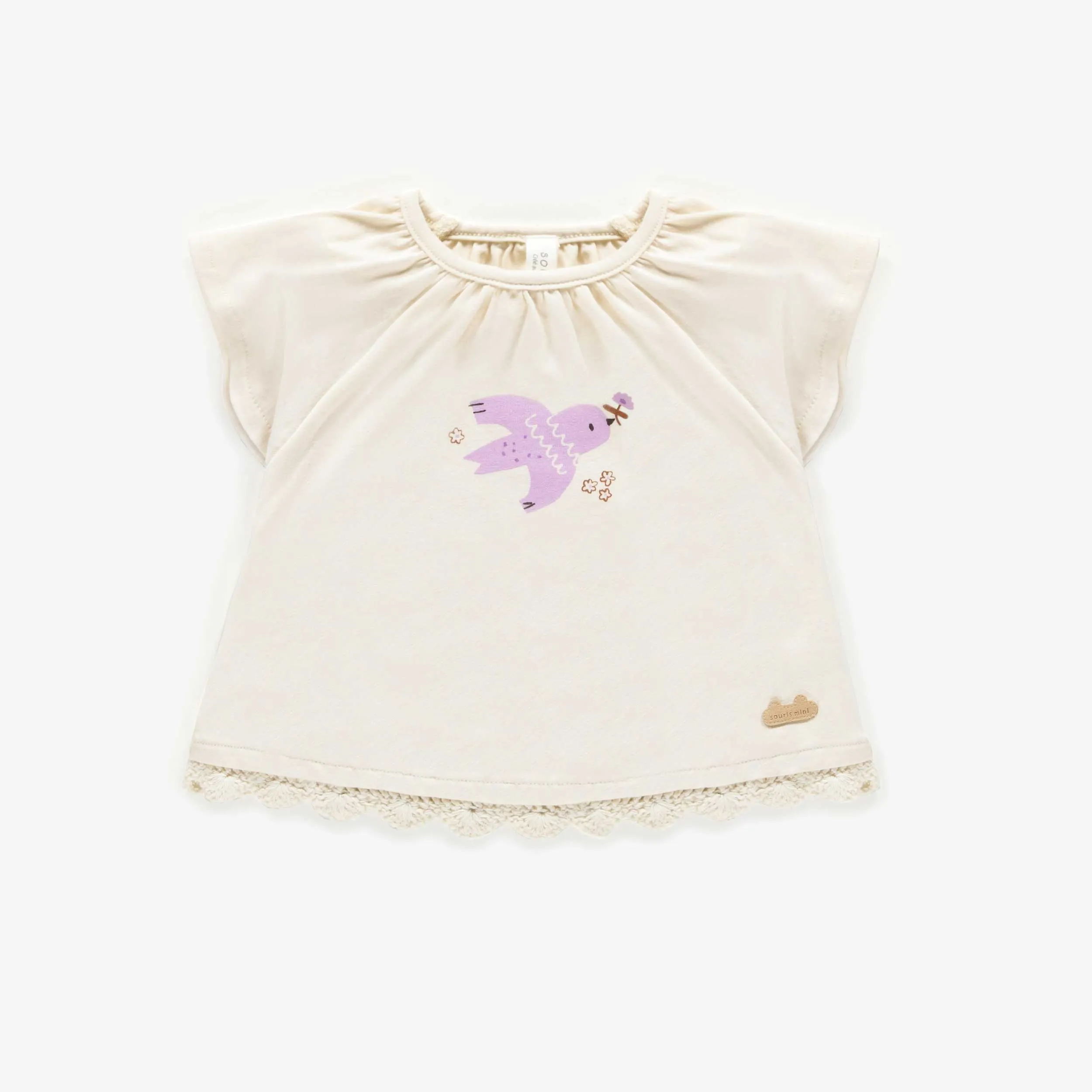 T-shirt crème en coton biologique extensible, naissance || Cream t-shirt in stretch organic cotton, newborn