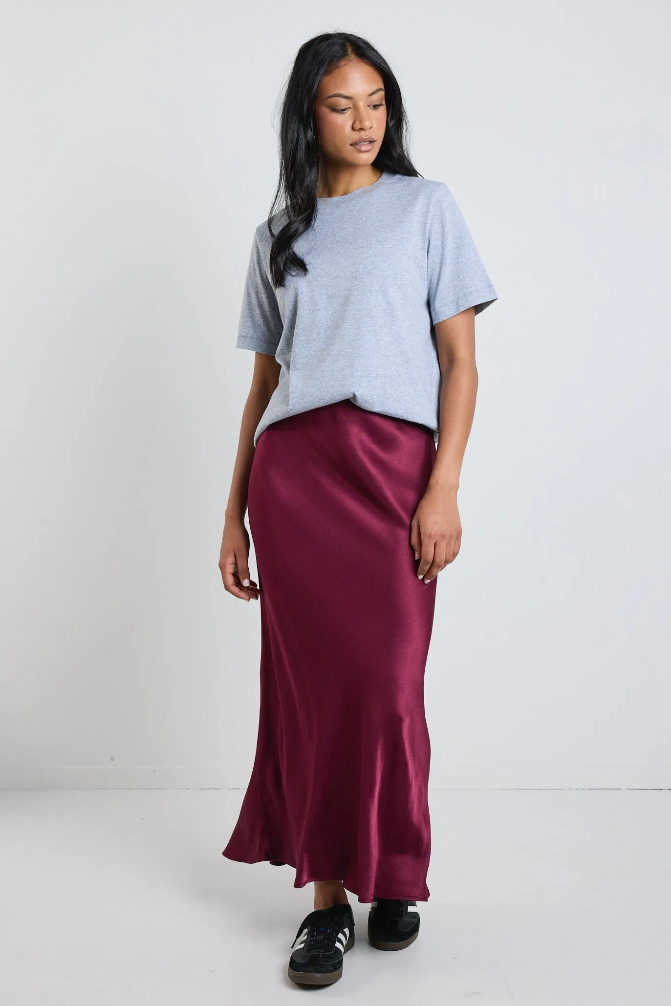 Talent Burgundy Satin Bias Midi Skirt