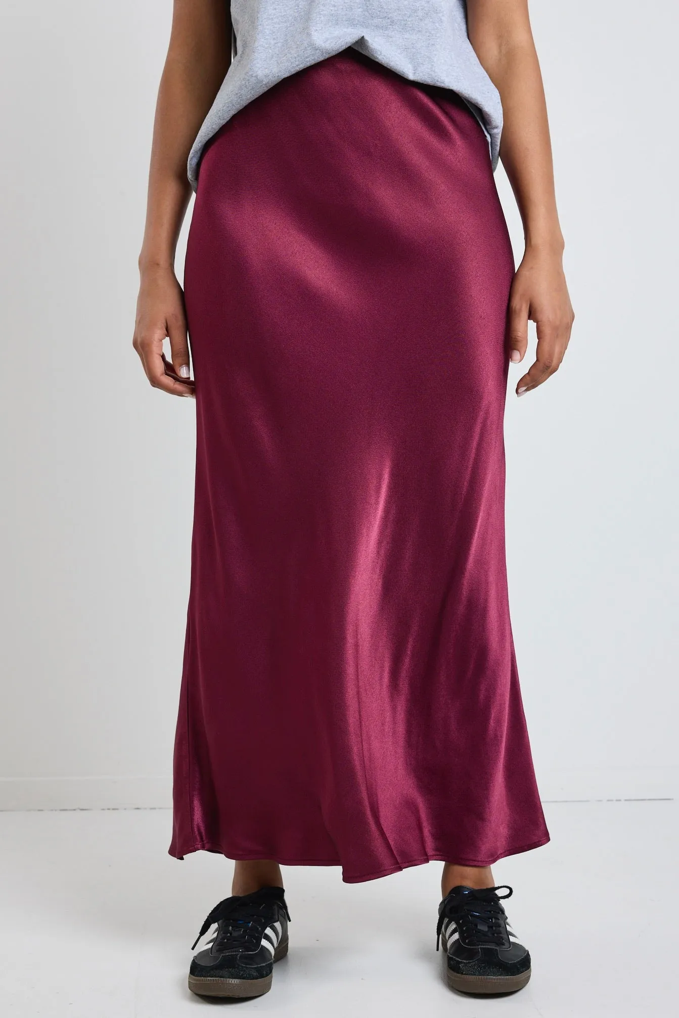 Talent Burgundy Satin Bias Midi Skirt