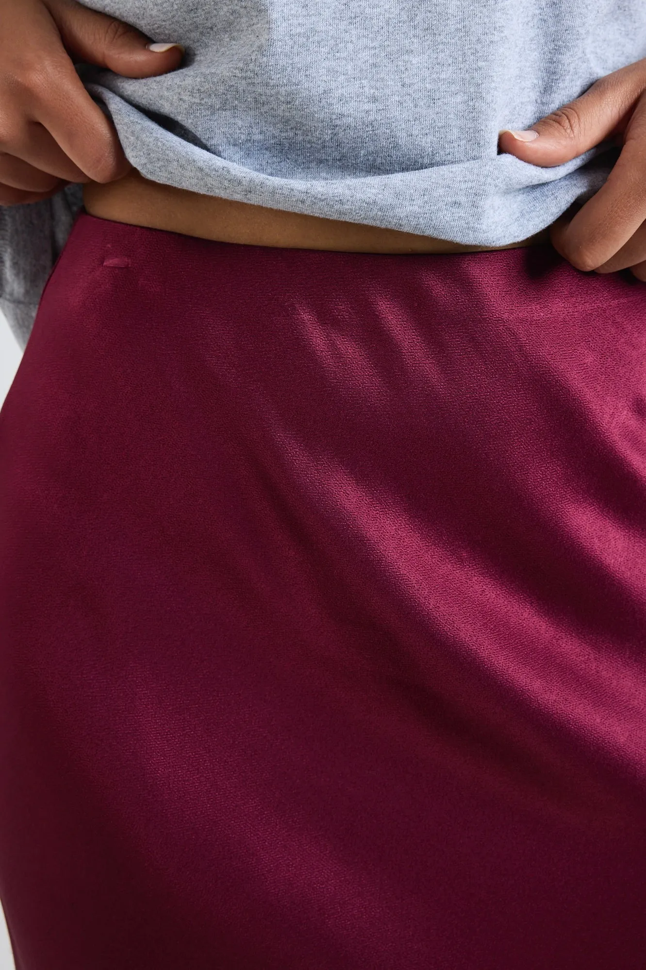Talent Burgundy Satin Bias Midi Skirt