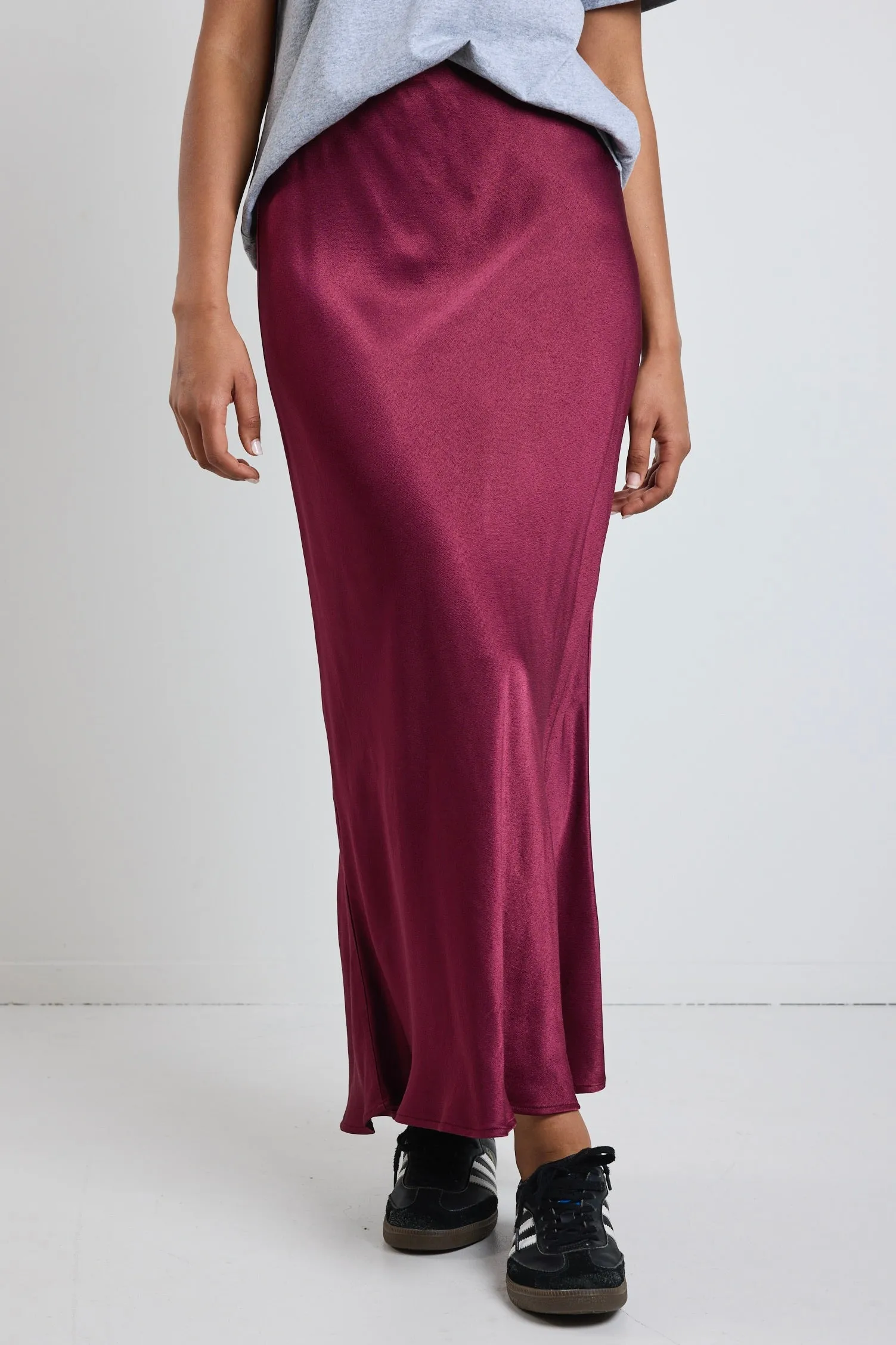 Talent Burgundy Satin Bias Midi Skirt