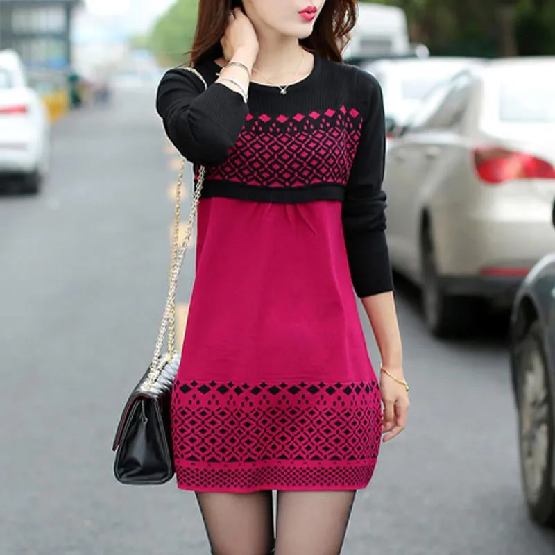 TANGNEST Women Sweater Dress Winter Warm Pullover Causal Slim Patchwork O-neck Empire Full Sleeve Knitted Dresses WQL3203