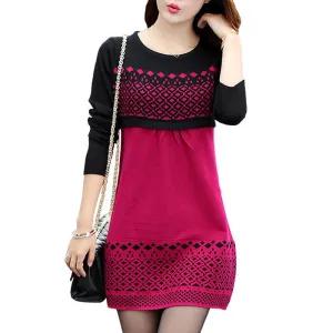 TANGNEST Women Sweater Dress Winter Warm Pullover Causal Slim Patchwork O-neck Empire Full Sleeve Knitted Dresses WQL3203