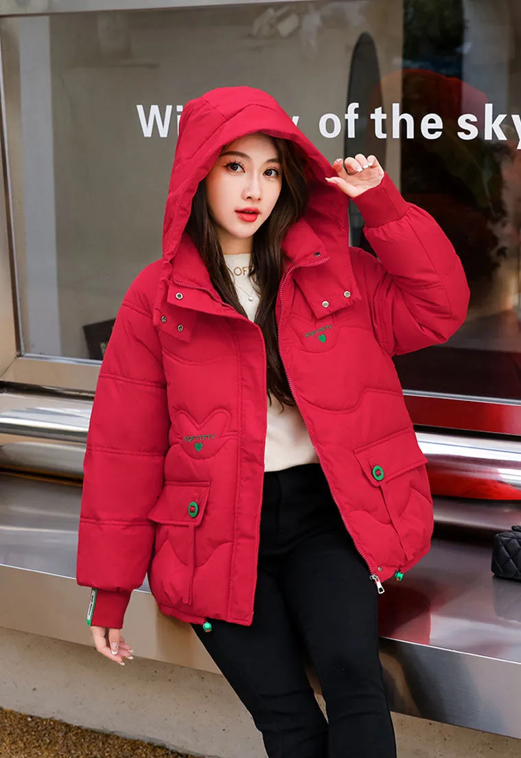 Thickened Hooded Puffer Jacket featuring Quilted Texture and Letter Embroidery