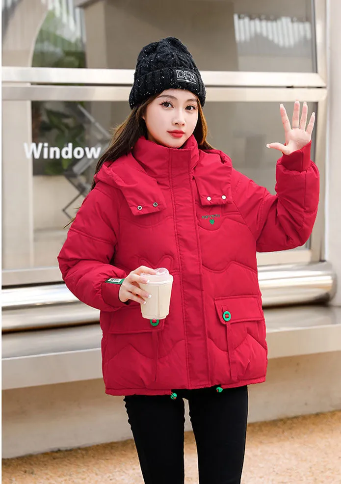 Thickened Hooded Puffer Jacket featuring Quilted Texture and Letter Embroidery