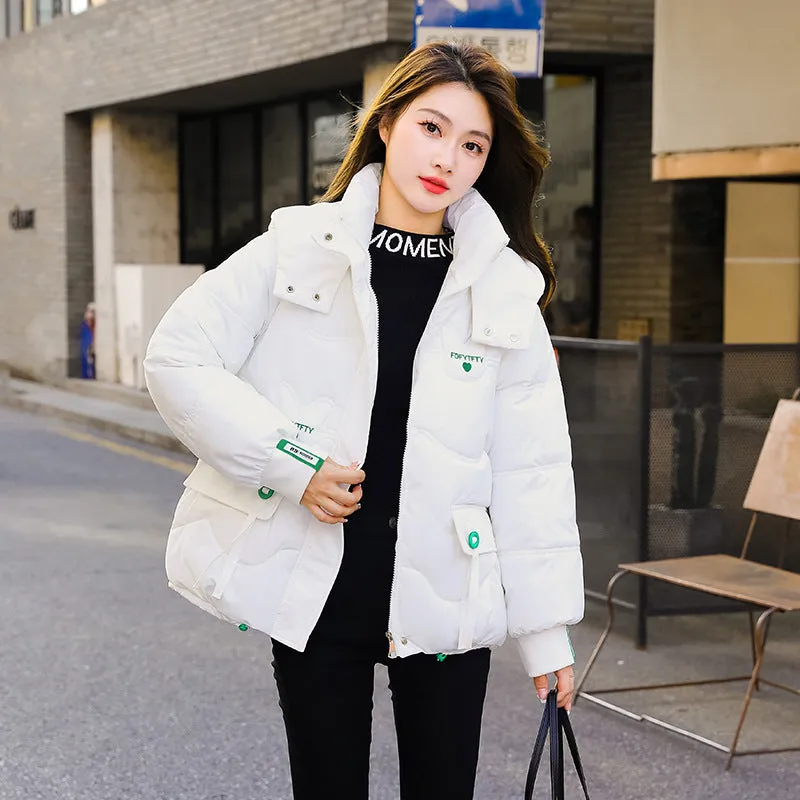 Thickened Hooded Puffer Jacket featuring Quilted Texture and Letter Embroidery