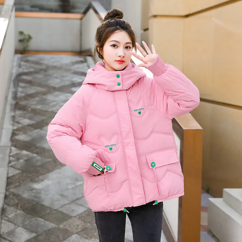 Thickened Hooded Puffer Jacket featuring Quilted Texture and Letter Embroidery
