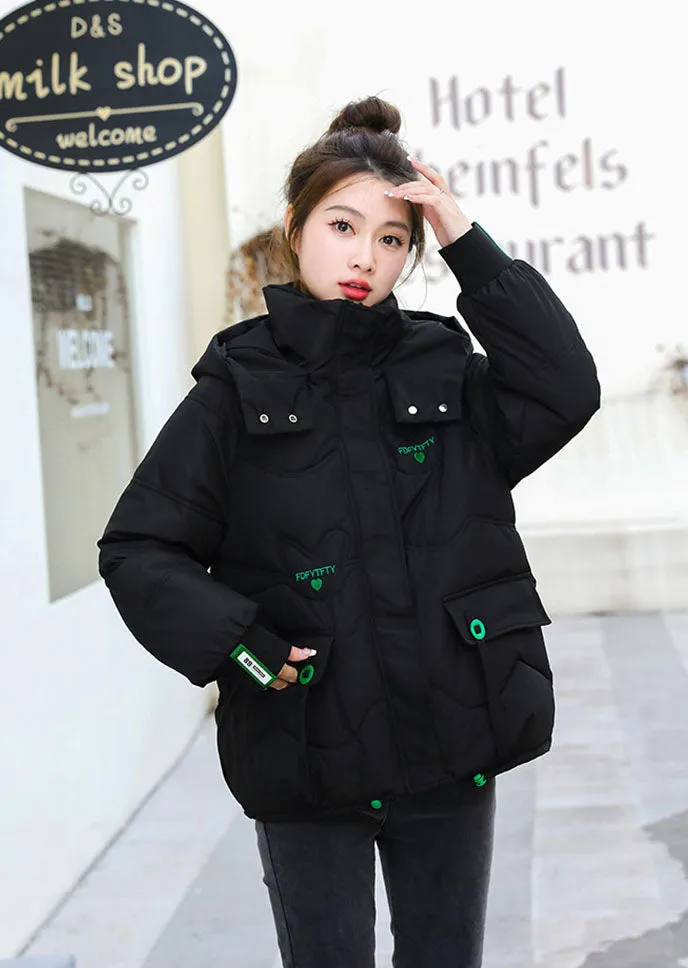 Thickened Hooded Puffer Jacket featuring Quilted Texture and Letter Embroidery