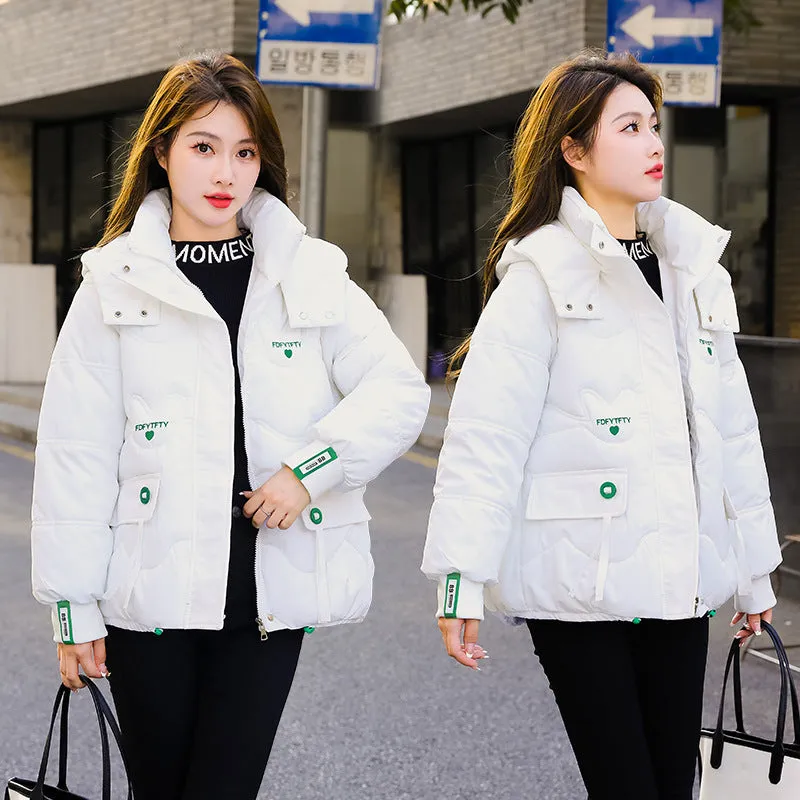 Thickened Hooded Puffer Jacket featuring Quilted Texture and Letter Embroidery