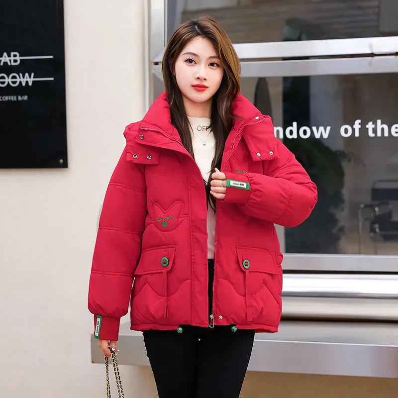 Thickened Hooded Puffer Jacket featuring Quilted Texture and Letter Embroidery