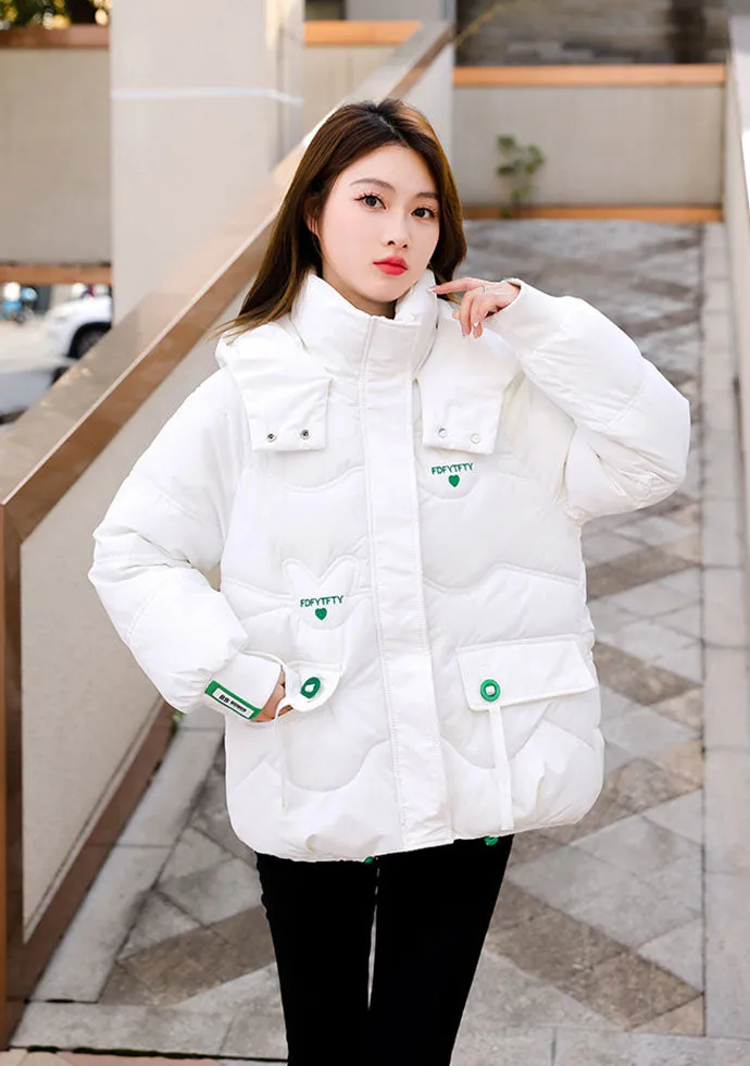 Thickened Hooded Puffer Jacket featuring Quilted Texture and Letter Embroidery