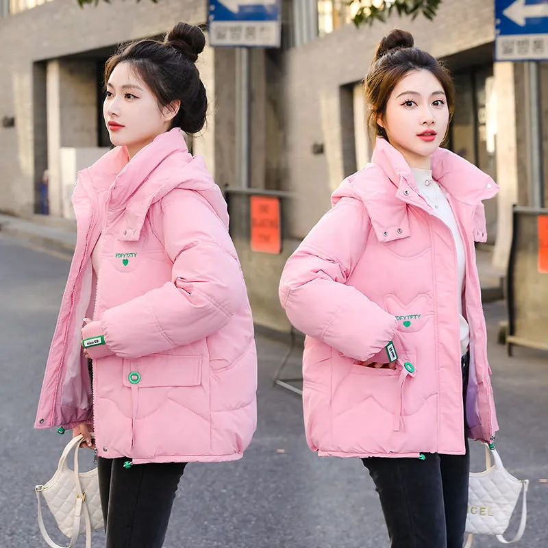 Thickened Hooded Puffer Jacket featuring Quilted Texture and Letter Embroidery