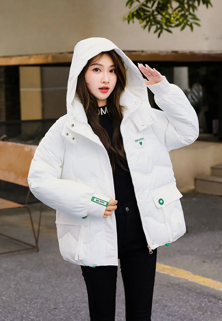 Thickened Hooded Puffer Jacket featuring Quilted Texture and Letter Embroidery