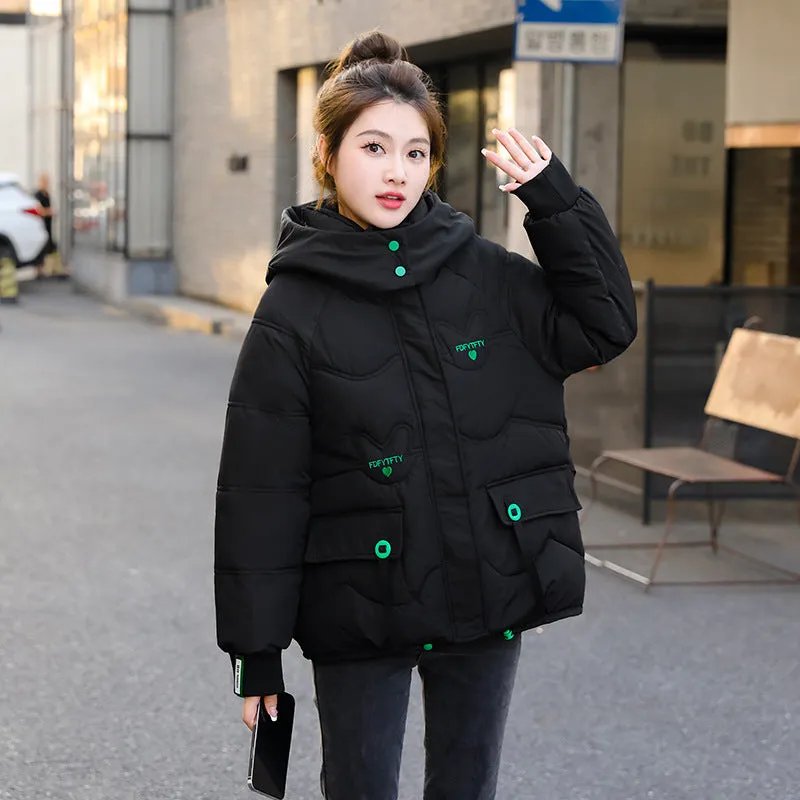 Thickened Hooded Puffer Jacket featuring Quilted Texture and Letter Embroidery