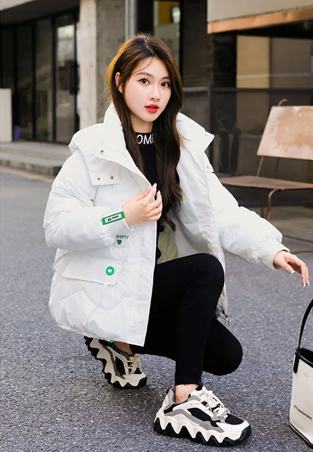 Thickened Hooded Puffer Jacket featuring Quilted Texture and Letter Embroidery