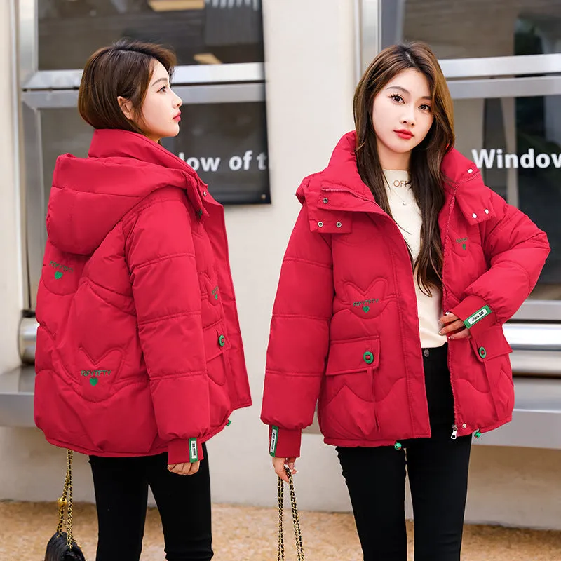 Thickened Hooded Puffer Jacket featuring Quilted Texture and Letter Embroidery