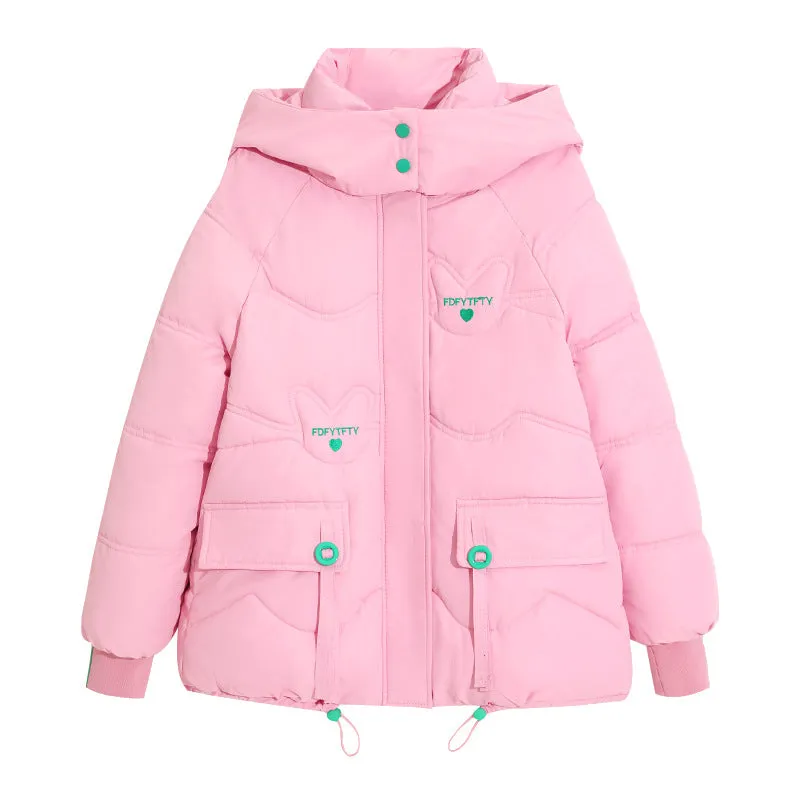 Thickened Hooded Puffer Jacket featuring Quilted Texture and Letter Embroidery