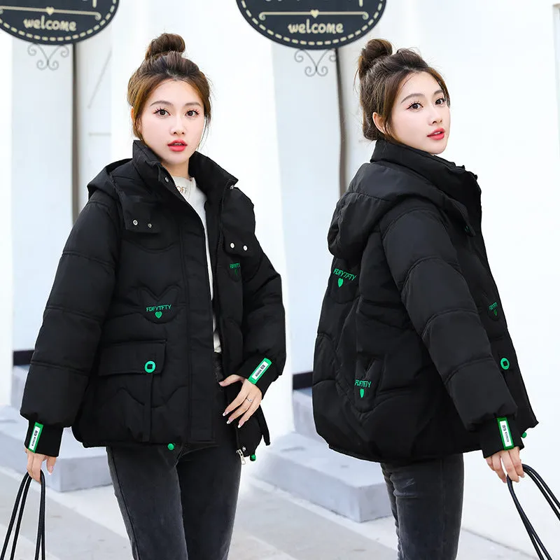 Thickened Hooded Puffer Jacket featuring Quilted Texture and Letter Embroidery
