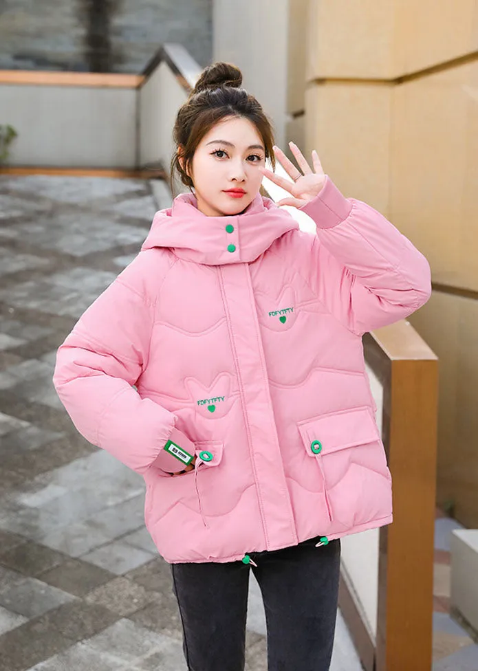 Thickened Hooded Puffer Jacket featuring Quilted Texture and Letter Embroidery
