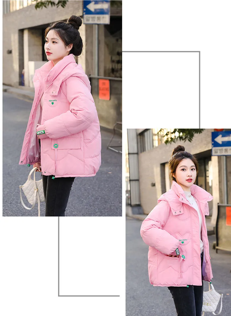 Thickened Hooded Puffer Jacket featuring Quilted Texture and Letter Embroidery