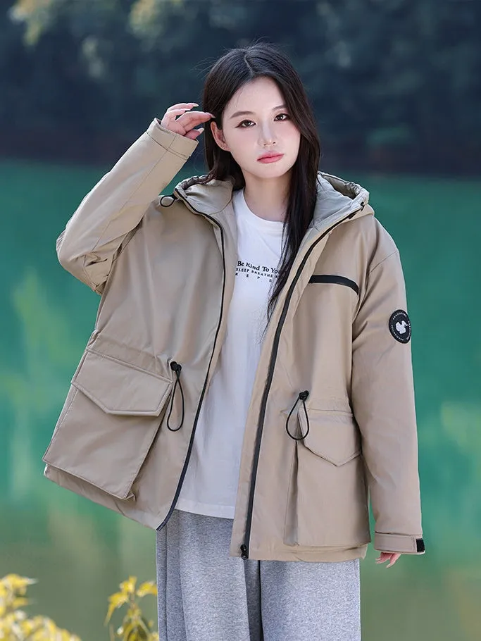 Thickened Water-resistant Puffer Jacket for Women with Cargo Style