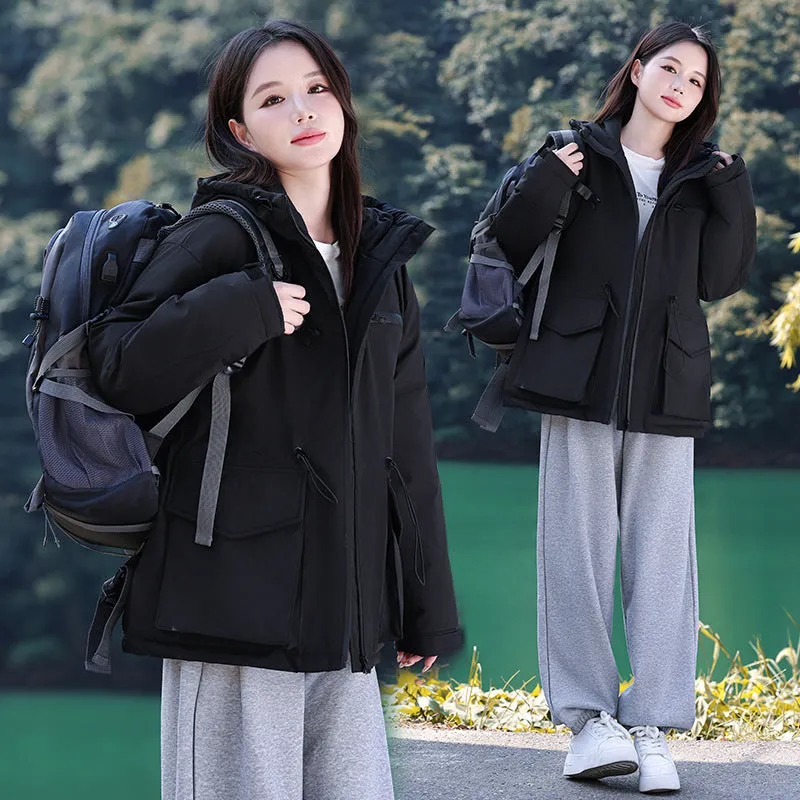 Thickened Water-resistant Puffer Jacket for Women with Cargo Style