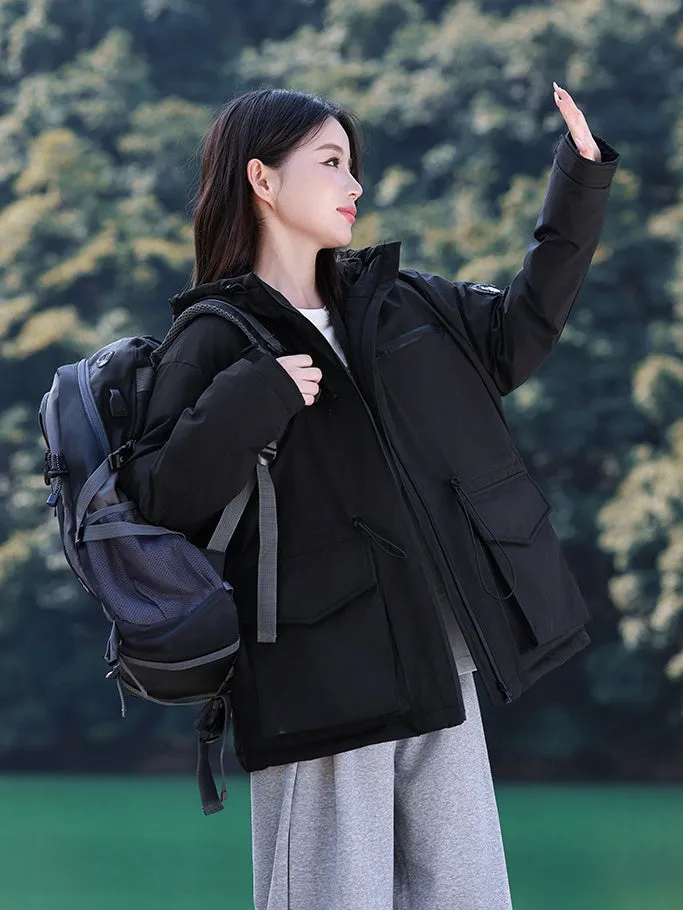 Thickened Water-resistant Puffer Jacket for Women with Cargo Style