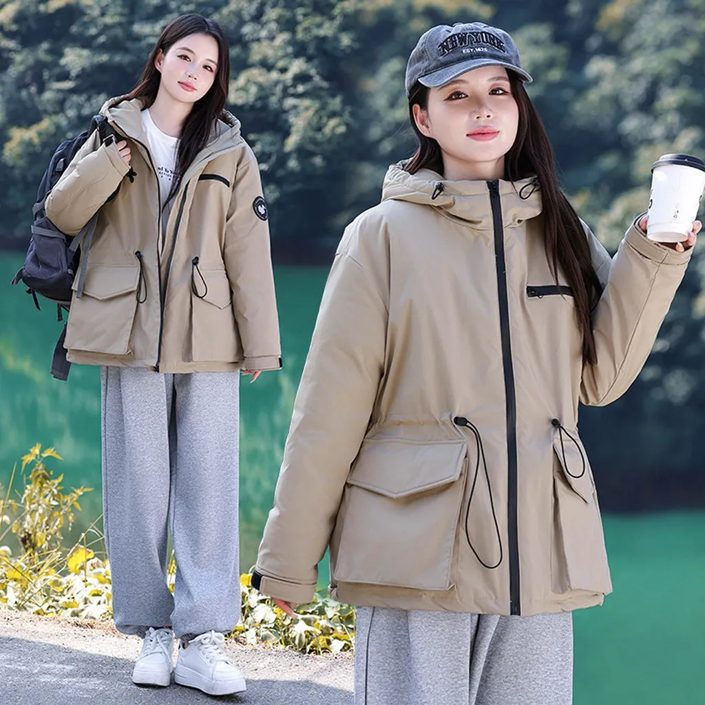Thickened Water-resistant Puffer Jacket for Women with Cargo Style