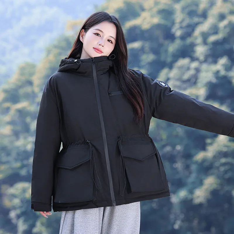 Thickened Water-resistant Puffer Jacket for Women with Cargo Style