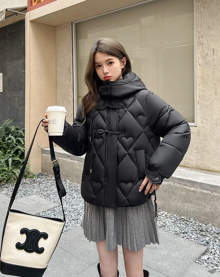 Thickened Windproof Puffer Jacket with Toggle Button for Women