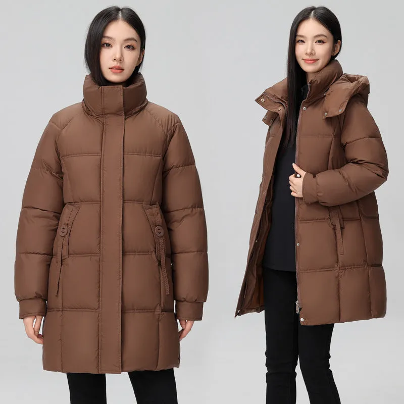 Thigh-Length Solid Puffer Jacket