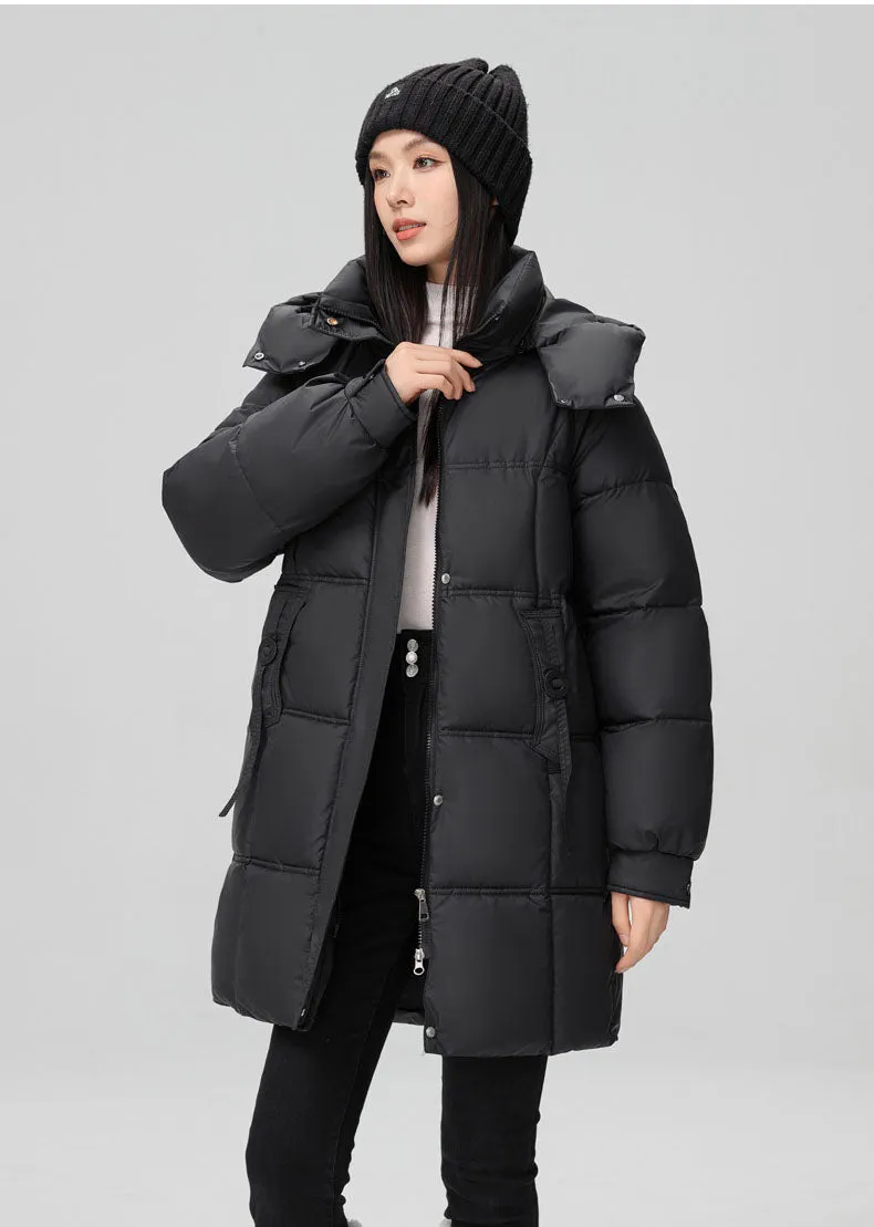 Thigh-Length Solid Puffer Jacket