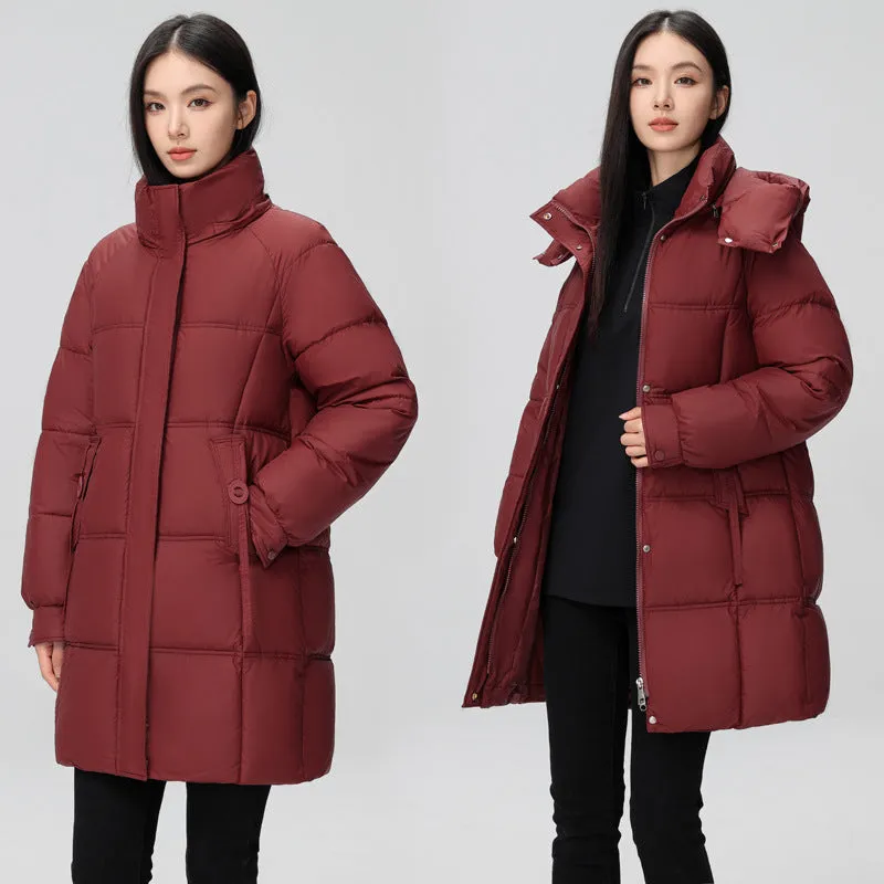 Thigh-Length Solid Puffer Jacket