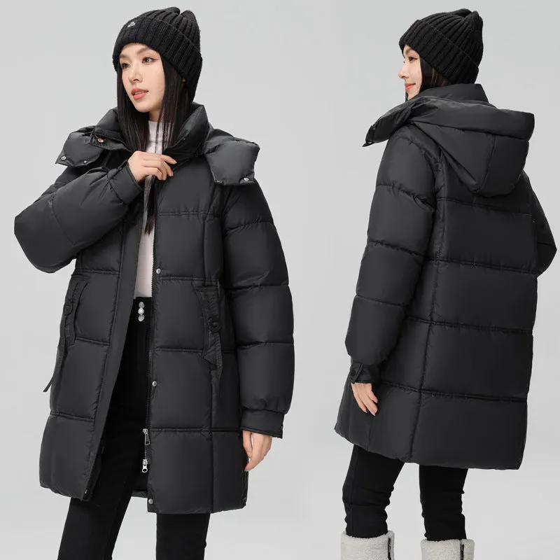 Thigh-Length Solid Puffer Jacket