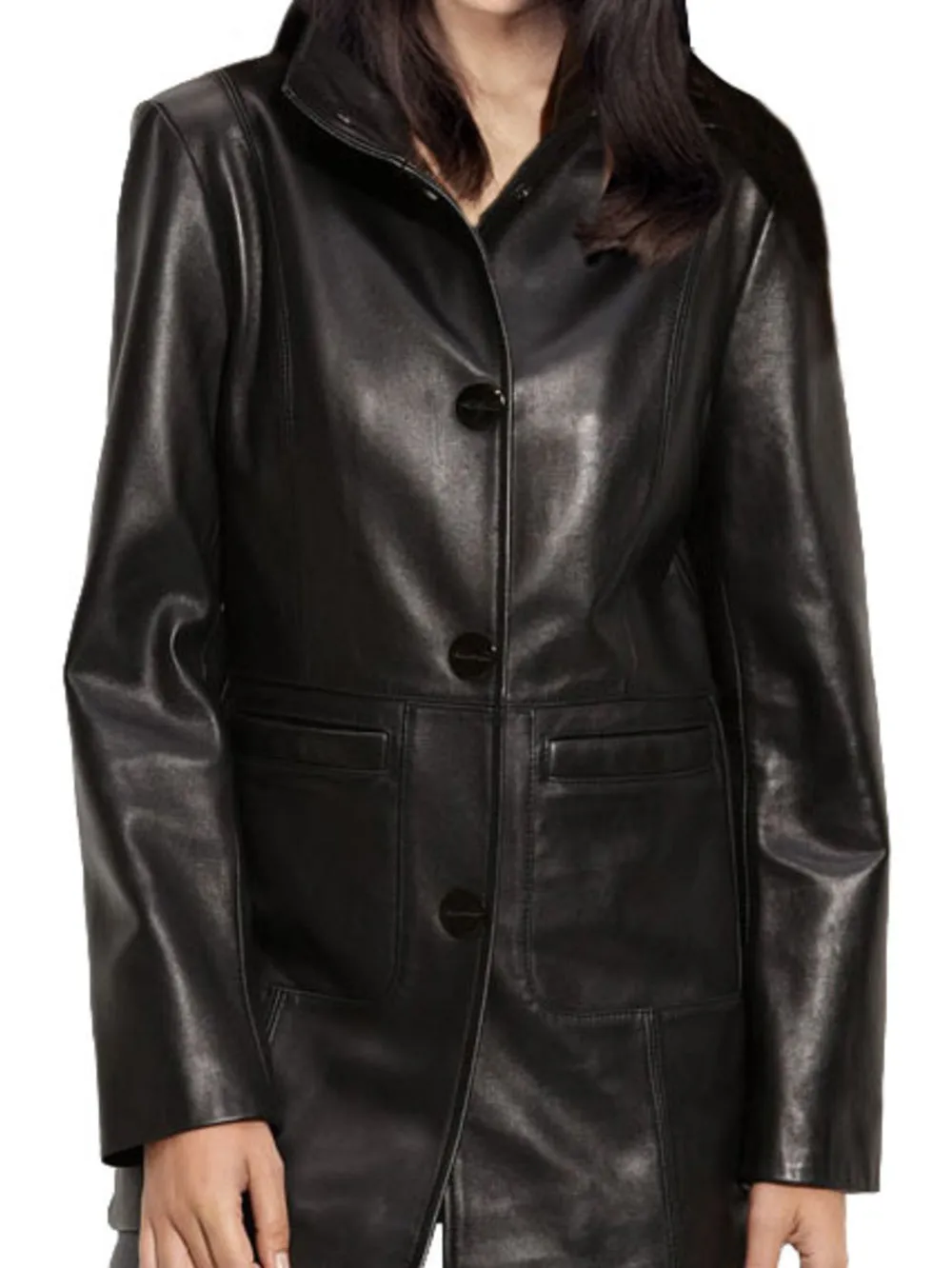 Three-Button Chic Leather Coat for Women