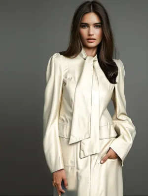 Tie Collar Grace Leather Coat for Women