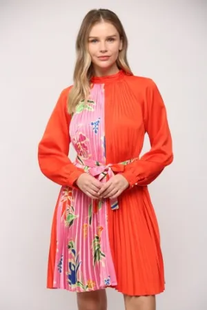 Tomato Red Pink Accordion Dress with Waist Tie