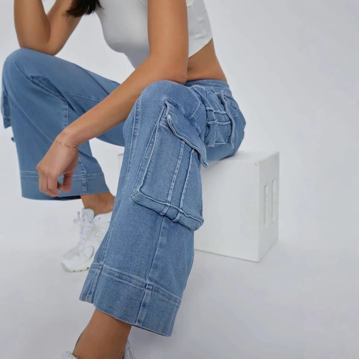 Trendy Wide-Leg Multi-Pocket Denim Cargo Pants