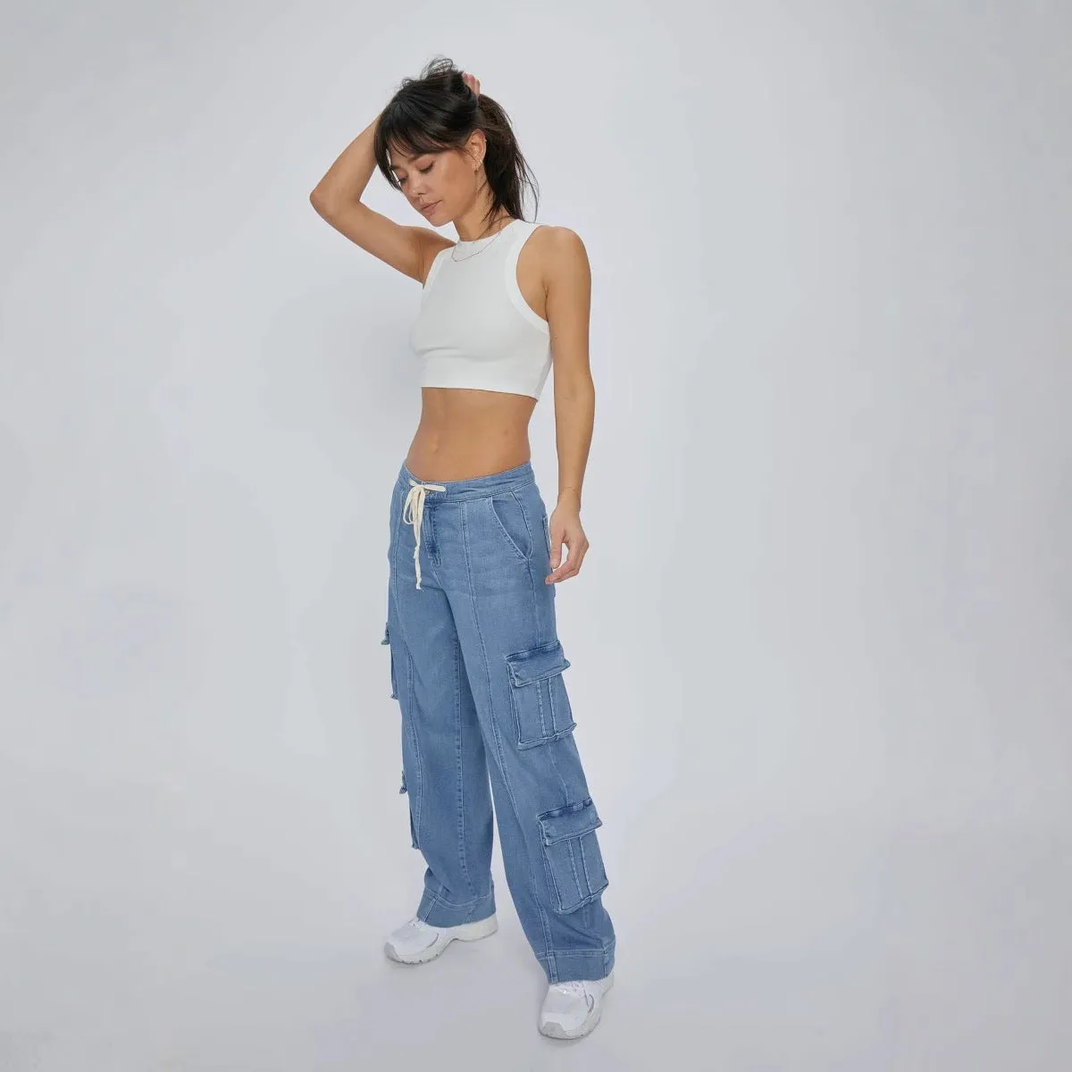 Trendy Wide-Leg Multi-Pocket Denim Cargo Pants