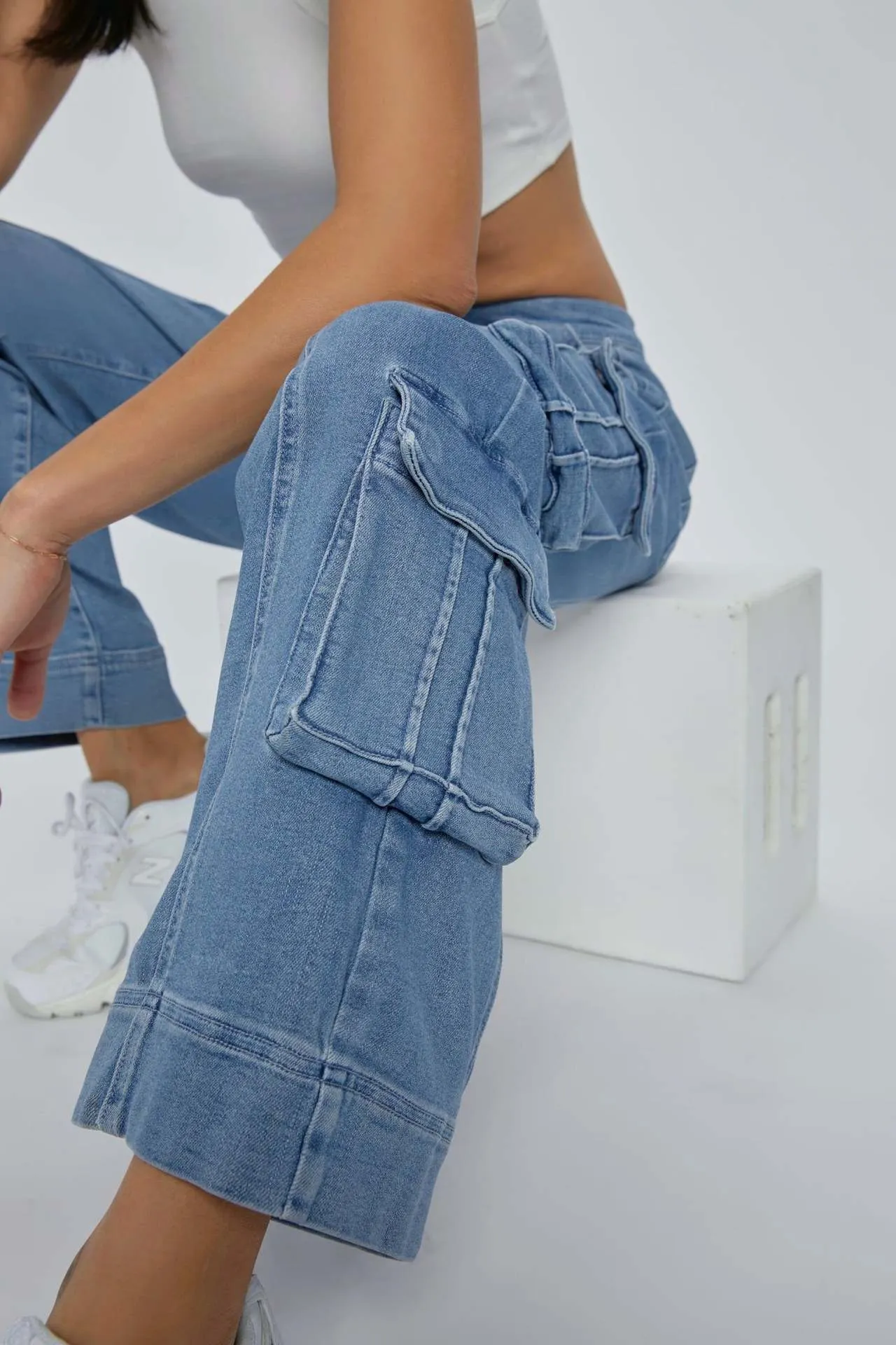 Trendy Wide-Leg Multi-Pocket Denim Cargo Pants