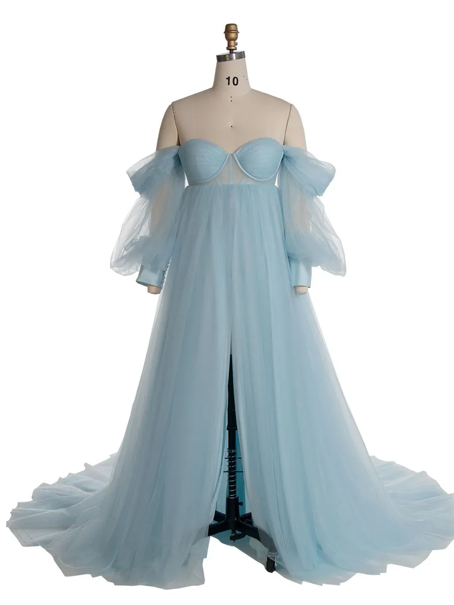 Tulle Maternity Dress for Photo Shoots Corset Back Blue Maternity Dresses for Baby Shower YW231167