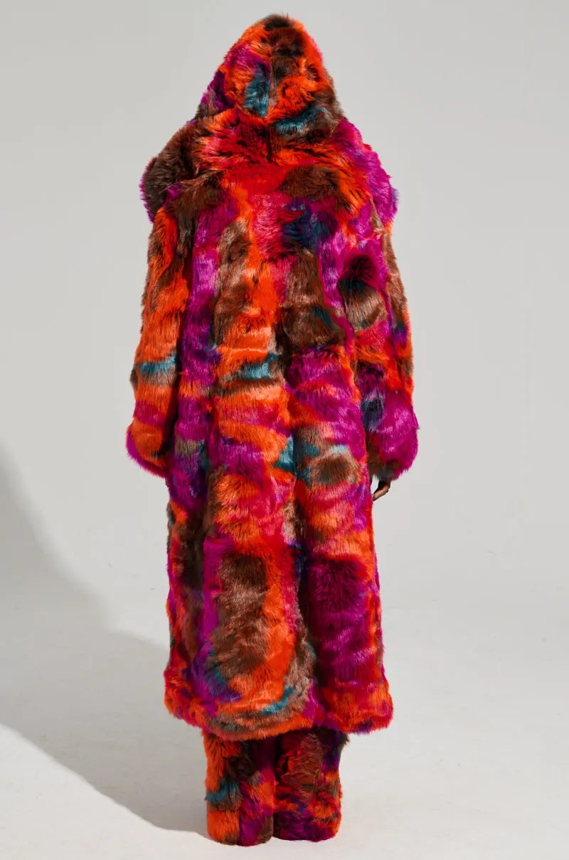 UPSETTER MAXI FAUX FUR COAT IN PINK MULTI