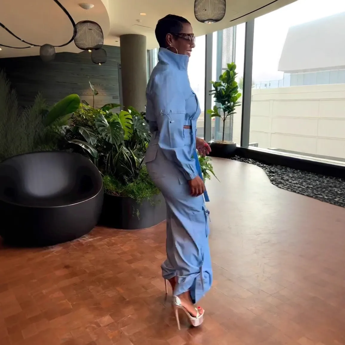 Utility-Inspired Pleated Cargo Jacket and High-Waist Pants Two-Piece Set