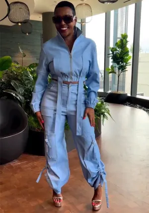 Utility-Inspired Pleated Cargo Jacket and High-Waist Pants Two-Piece Set